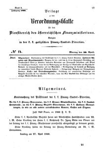 Verordnungsblatt für den Dienstbereich des K.K. Finanzministeriums für die im Reichsrate Vertretenen Königreiche und Länder : [...] : Beilage zu dem Verordnungsblatte für den Dienstbereich des K.K. Österr. Finanz-Ministeriums  18600430 Seite: 1