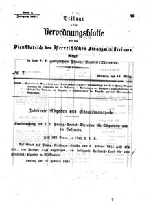 Verordnungsblatt für den Dienstbereich des K.K. Finanzministeriums für die im Reichsrate Vertretenen Königreiche und Länder : [...] : Beilage zu dem Verordnungsblatte für den Dienstbereich des K.K. Österr. Finanz-Ministeriums  18610311 Seite: 1