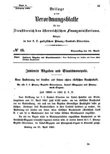 Verordnungsblatt für den Dienstbereich des K.K. Finanzministeriums für die im Reichsrate Vertretenen Königreiche und Länder : [...] : Beilage zu dem Verordnungsblatte für den Dienstbereich des K.K. Österr. Finanz-Ministeriums  18610425 Seite: 1