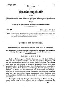 Verordnungsblatt für den Dienstbereich des K.K. Finanzministeriums für die im Reichsrate Vertretenen Königreiche und Länder : [...] : Beilage zu dem Verordnungsblatte für den Dienstbereich des K.K. Österr. Finanz-Ministeriums  18620618 Seite: 1