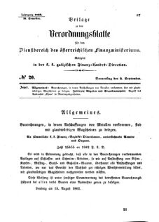 Verordnungsblatt für den Dienstbereich des K.K. Finanzministeriums für die im Reichsrate Vertretenen Königreiche und Länder : [...] : Beilage zu dem Verordnungsblatte für den Dienstbereich des K.K. Österr. Finanz-Ministeriums  18620904 Seite: 1