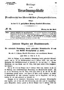 Verordnungsblatt für den Dienstbereich des K.K. Finanzministeriums für die im Reichsrate Vertretenen Königreiche und Länder : [...] : Beilage zu dem Verordnungsblatte für den Dienstbereich des K.K. Österr. Finanz-Ministeriums  18630420 Seite: 1