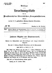 Verordnungsblatt für den Dienstbereich des K.K. Finanzministeriums für die im Reichsrate Vertretenen Königreiche und Länder : [...] : Beilage zu dem Verordnungsblatte für den Dienstbereich des K.K. Österr. Finanz-Ministeriums  18631024 Seite: 1