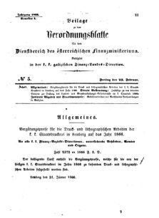 Verordnungsblatt für den Dienstbereich des K.K. Finanzministeriums für die im Reichsrate Vertretenen Königreiche und Länder : [...] : Beilage zu dem Verordnungsblatte für den Dienstbereich des K.K. Österr. Finanz-Ministeriums  18660223 Seite: 1