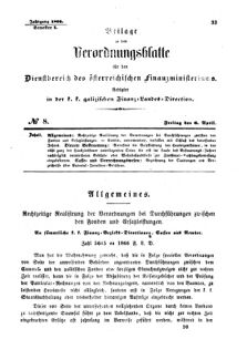 Verordnungsblatt für den Dienstbereich des K.K. Finanzministeriums für die im Reichsrate Vertretenen Königreiche und Länder : [...] : Beilage zu dem Verordnungsblatte für den Dienstbereich des K.K. Österr. Finanz-Ministeriums  18660406 Seite: 1