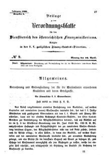 Verordnungsblatt für den Dienstbereich des K.K. Finanzministeriums für die im Reichsrate Vertretenen Königreiche und Länder : [...] : Beilage zu dem Verordnungsblatte für den Dienstbereich des K.K. Österr. Finanz-Ministeriums  18660416 Seite: 1