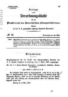 Verordnungsblatt für den Dienstbereich des K.K. Finanzministeriums für die im Reichsrate Vertretenen Königreiche und Länder : [...] : Beilage zu dem Verordnungsblatte für den Dienstbereich des K.K. Österr. Finanz-Ministeriums  18670516 Seite: 1