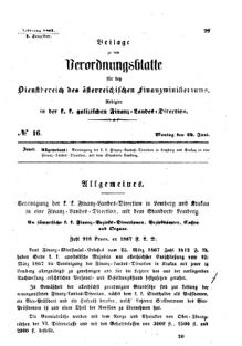 Verordnungsblatt für den Dienstbereich des K.K. Finanzministeriums für die im Reichsrate Vertretenen Königreiche und Länder : [...] : Beilage zu dem Verordnungsblatte für den Dienstbereich des K.K. Österr. Finanz-Ministeriums  18670624 Seite: 1