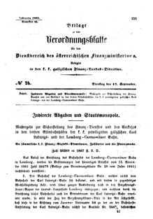 Verordnungsblatt für den Dienstbereich des K.K. Finanzministeriums für die im Reichsrate Vertretenen Königreiche und Länder : [...] : Beilage zu dem Verordnungsblatte für den Dienstbereich des K.K. Österr. Finanz-Ministeriums  18670917 Seite: 1