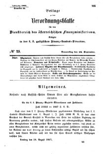 Verordnungsblatt für den Dienstbereich des K.K. Finanzministeriums für die im Reichsrate Vertretenen Königreiche und Länder : [...] : Beilage zu dem Verordnungsblatte für den Dienstbereich des K.K. Österr. Finanz-Ministeriums  18670919 Seite: 1