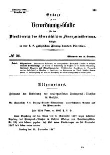 Verordnungsblatt für den Dienstbereich des K.K. Finanzministeriums für die im Reichsrate Vertretenen Königreiche und Länder : [...] : Beilage zu dem Verordnungsblatte für den Dienstbereich des K.K. Österr. Finanz-Ministeriums  18671002 Seite: 1