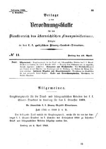 Verordnungsblatt für den Dienstbereich des K.K. Finanzministeriums für die im Reichsrate Vertretenen Königreiche und Länder : [...] : Beilage zu dem Verordnungsblatte für den Dienstbereich des K.K. Österr. Finanz-Ministeriums  18680417 Seite: 1