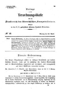 Verordnungsblatt für den Dienstbereich des K.K. Finanzministeriums für die im Reichsrate Vertretenen Königreiche und Länder : [...] : Beilage zu dem Verordnungsblatte für den Dienstbereich des K.K. Österr. Finanz-Ministeriums  18680427 Seite: 1