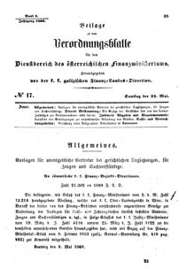 Verordnungsblatt für den Dienstbereich des K.K. Finanzministeriums für die im Reichsrate Vertretenen Königreiche und Länder : [...] : Beilage zu dem Verordnungsblatte für den Dienstbereich des K.K. Österr. Finanz-Ministeriums  18690522 Seite: 1