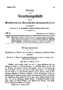 Verordnungsblatt für den Dienstbereich des K.K. Finanzministeriums für die im Reichsrate Vertretenen Königreiche und Länder : [...] : Beilage zu dem Verordnungsblatte für den Dienstbereich des K.K. Österr. Finanz-Ministeriums  18700217 Seite: 1