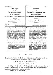 Verordnungsblatt für den Dienstbereich des K.K. Finanzministeriums für die im Reichsrate Vertretenen Königreiche und Länder : [...] : Beilage zu dem Verordnungsblatte für den Dienstbereich des K.K. Österr. Finanz-Ministeriums  18700411 Seite: 1