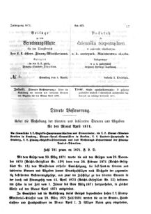 Verordnungsblatt für den Dienstbereich des K.K. Finanzministeriums für die im Reichsrate Vertretenen Königreiche und Länder : [...] : Beilage zu dem Verordnungsblatte für den Dienstbereich des K.K. Österr. Finanz-Ministeriums  18710401 Seite: 1