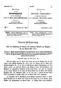 Verordnungsblatt für den Dienstbereich des K.K. Finanzministeriums für die im Reichsrate Vertretenen Königreiche und Länder : [...] : Beilage zu dem Verordnungsblatte für den Dienstbereich des K.K. Österr. Finanz-Ministeriums  18710501 Seite: 1