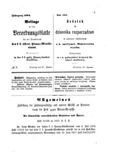 Verordnungsblatt für den Dienstbereich des K.K. Finanzministeriums für die im Reichsrate Vertretenen Königreiche und Länder : [...] : Beilage zu dem Verordnungsblatte für den Dienstbereich des K.K. Österr. Finanz-Ministeriums  18740125 Seite: 1