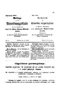 Verordnungsblatt für den Dienstbereich des K.K. Finanzministeriums für die im Reichsrate Vertretenen Königreiche und Länder : [...] : Beilage zu dem Verordnungsblatte für den Dienstbereich des K.K. Österr. Finanz-Ministeriums  18740414 Seite: 1