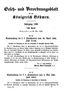 Gesetz-und Verordnungsblatt für das Königreich Böhmen 18660522 Seite: 1