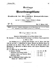 Verordnungsblatt für den Dienstbereich des K.K. Finanzministeriums für die im Reichsrate Vertretenen Königreiche und Länder 18560212 Seite: 1