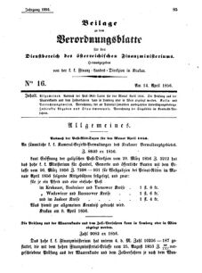 Verordnungsblatt für den Dienstbereich des K.K. Finanzministeriums für die im Reichsrate Vertretenen Königreiche und Länder 18560414 Seite: 1