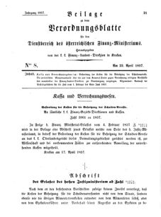 Verordnungsblatt für den Dienstbereich des K.K. Finanzministeriums für die im Reichsrate Vertretenen Königreiche und Länder 18570422 Seite: 1