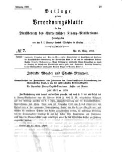 Verordnungsblatt für den Dienstbereich des K.K. Finanzministeriums für die im Reichsrate Vertretenen Königreiche und Länder 18590315 Seite: 1