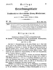 Verordnungsblatt für den Dienstbereich des K.K. Finanzministeriums für die im Reichsrate Vertretenen Königreiche und Länder 18610531 Seite: 1