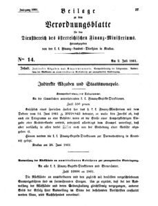 Verordnungsblatt für den Dienstbereich des K.K. Finanzministeriums für die im Reichsrate Vertretenen Königreiche und Länder 18610702 Seite: 1