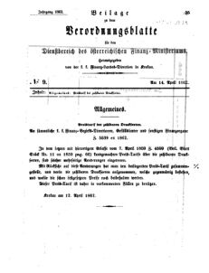 Verordnungsblatt für den Dienstbereich des K.K. Finanzministeriums für die im Reichsrate Vertretenen Königreiche und Länder 18620414 Seite: 1