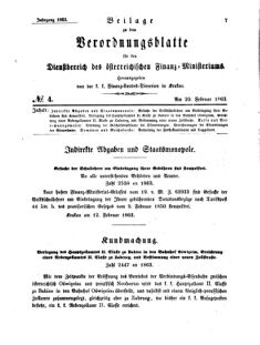 Verordnungsblatt für den Dienstbereich des K.K. Finanzministeriums für die im Reichsrate Vertretenen Königreiche und Länder 18630220 Seite: 1