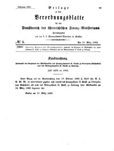 Verordnungsblatt für den Dienstbereich des K.K. Finanzministeriums für die im Reichsrate Vertretenen Königreiche und Länder 18630317 Seite: 1