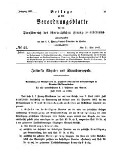 Verordnungsblatt für den Dienstbereich des K.K. Finanzministeriums für die im Reichsrate Vertretenen Königreiche und Länder 18630527 Seite: 1