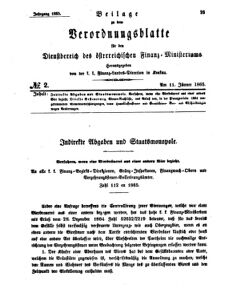 Verordnungsblatt für den Dienstbereich des K.K. Finanzministeriums für die im Reichsrate Vertretenen Königreiche und Länder 18650111 Seite: 1