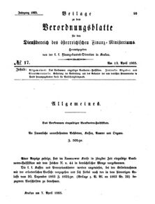 Verordnungsblatt für den Dienstbereich des K.K. Finanzministeriums für die im Reichsrate Vertretenen Königreiche und Länder 18650413 Seite: 1