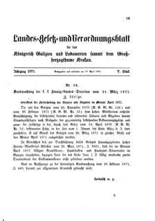 Landes-Gesetz- und Verordnungsblatt für das Königreich Galizien und Lodomerien sammt dem Großherzogthume Krakau 18710417 Seite: 1