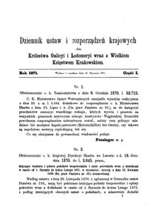 Landes-Gesetz- und Verordnungsblatt für das Königreich Galizien und Lodomerien sammt dem Großherzogthume Krakau 1871bl01 Seite: 1