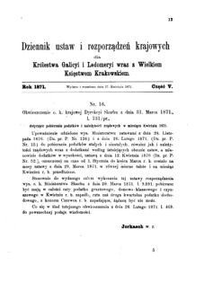 Landes-Gesetz- und Verordnungsblatt für das Königreich Galizien und Lodomerien sammt dem Großherzogthume Krakau 1871bl01 Seite: 13