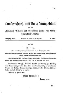 Landes-Gesetz- und Verordnungsblatt für das Königreich Galizien und Lodomerien sammt dem Großherzogthume Krakau 18730320 Seite: 1