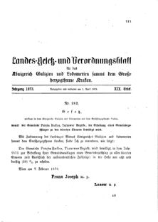 Landes-Gesetz- und Verordnungsblatt für das Königreich Galizien und Lodomerien sammt dem Großherzogthume Krakau 18730401 Seite: 1