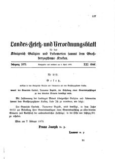 Landes-Gesetz- und Verordnungsblatt für das Königreich Galizien und Lodomerien sammt dem Großherzogthume Krakau 18730403 Seite: 1