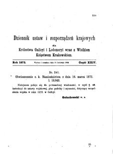 Landes-Gesetz- und Verordnungsblatt für das Königreich Galizien und Lodomerien sammt dem Großherzogthume Krakau 1873bl01 Seite: 145