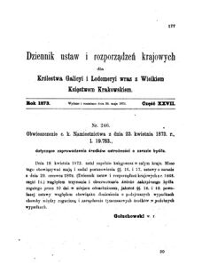 Landes-Gesetz- und Verordnungsblatt für das Königreich Galizien und Lodomerien sammt dem Großherzogthume Krakau 1873bl01 Seite: 177