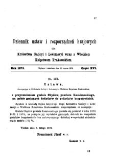 Landes-Gesetz- und Verordnungsblatt für das Königreich Galizien und Lodomerien sammt dem Großherzogthume Krakau 1873bl01 Seite: 87