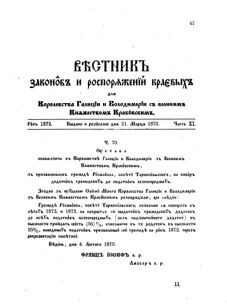 Landes-Gesetz- und Verordnungsblatt für das Königreich Galizien und Lodomerien sammt dem Großherzogthume Krakau 1873bl02 Seite: 47