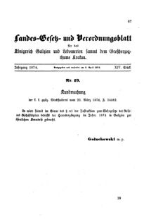 Landes-Gesetz- und Verordnungsblatt für das Königreich Galizien und Lodomerien sammt dem Großherzogthume Krakau 18740406 Seite: 1