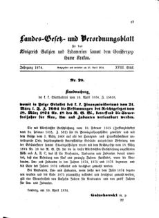 Landes-Gesetz- und Verordnungsblatt für das Königreich Galizien und Lodomerien sammt dem Großherzogthume Krakau 18740425 Seite: 1