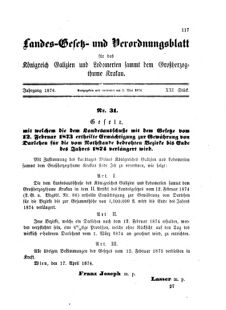 Landes-Gesetz- und Verordnungsblatt für das Königreich Galizien und Lodomerien sammt dem Großherzogthume Krakau 18740505 Seite: 1